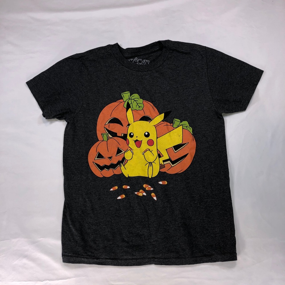 Pokemon Pikachu Halloween Pumpkins Graphic T-Shirt Charcoal Grey Youth Medium